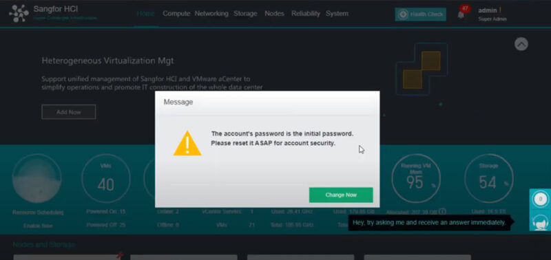 Reset Password Sangfor HCI - Hướng dẫn lấy lại mật khẩu Admin thông báo thay đổi password khi đăng nhập đầu tiên