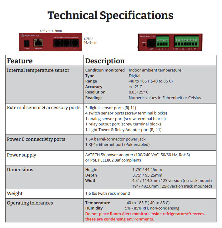 Monitoring AVTECH Room Alert 12SR RA12S-RPD-RAS specs Avtech Room Alert 12SR RA12S-RPD-RAS